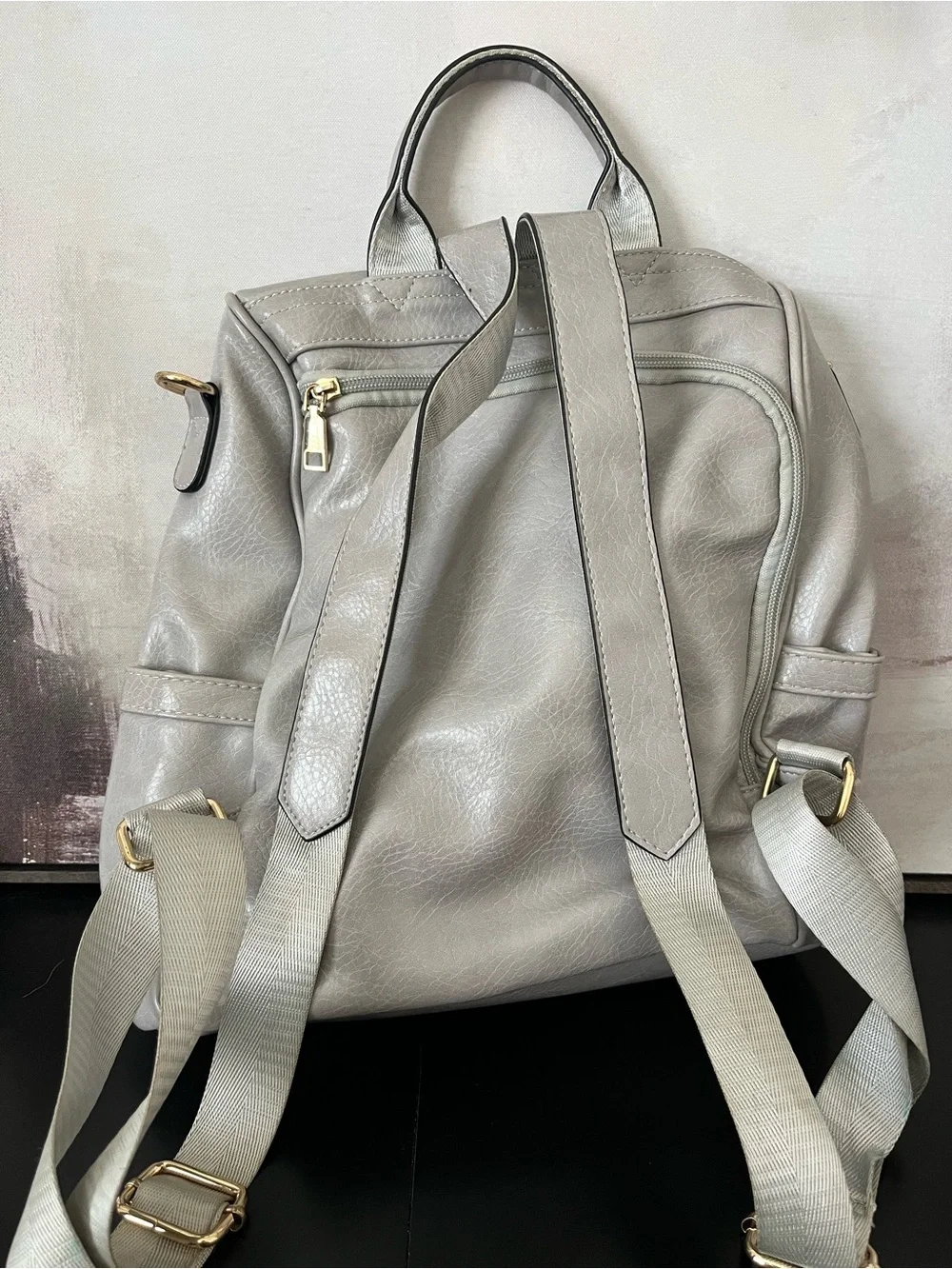 Anti-theft Light Gray Leather Backpack - Women's Bag